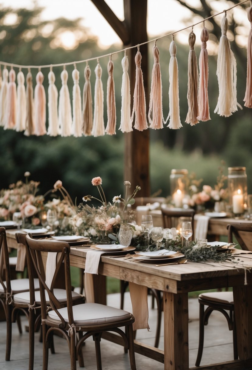 Outdoor wedding tables decorated with hanging tassel garlands and simple floral centerpieces under natural daylight.