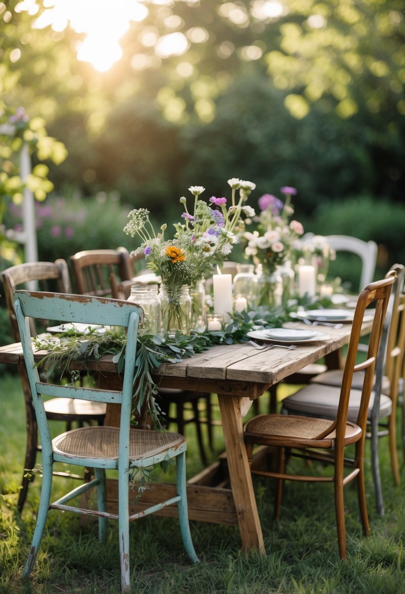 Outdoor wedding table with mismatched vintage chairs and floral decorations in a garden setting.