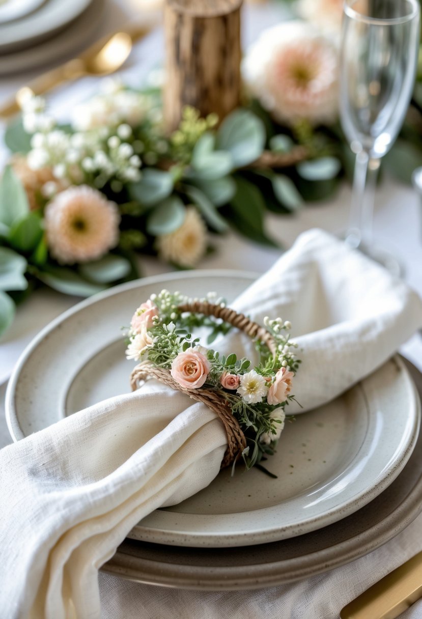 A wedding table with white linen napkins wrapped in floral crown-inspired napkin rings made of small flowers and greenery, placed on ceramic plates with natural decorations.