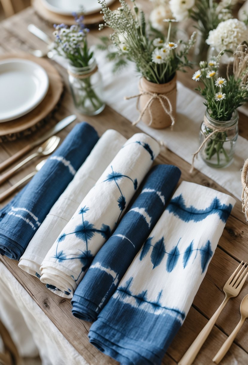 Close-up of hand-dyed fabric napkins with shibori patterns arranged on a rustic wooden wedding table with simple floral and ceramic decorations.