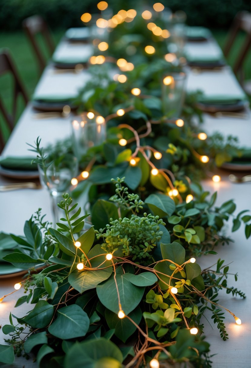 A wedding table decorated with greenery and fairy lights woven through the foliage.