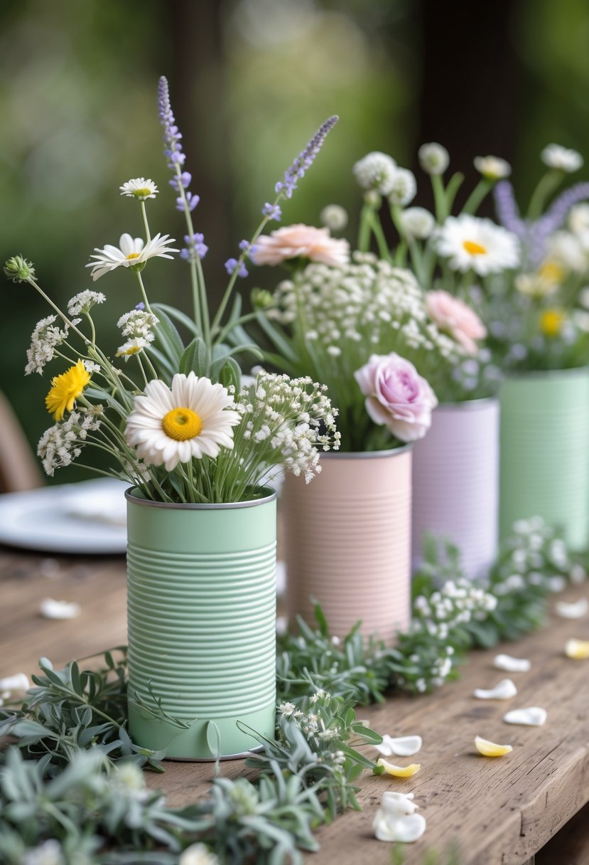 A wedding table decorated with pastel-colored recycled tin cans holding fresh garden flowers and greenery on a rustic wooden surface.