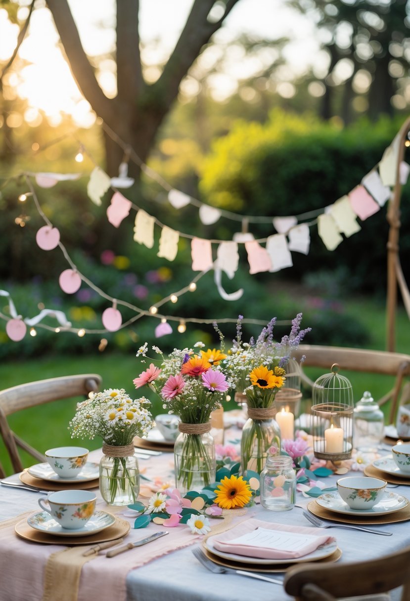 A wedding table decorated with wildflowers in teacups, mason jar candles, paper garlands, and rustic wooden chairs in a garden setting.