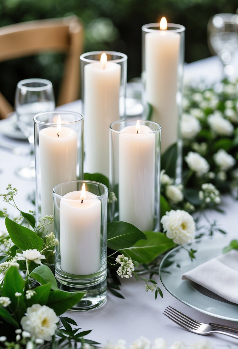 A wedding table decorated with white candles in glass holders surrounded by green leaves and small white flowers.