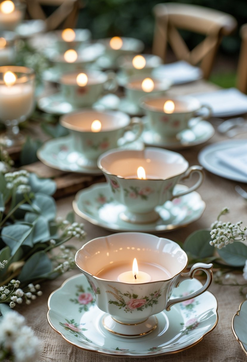 Vintage teacups holding lit tea light candles arranged on a decorated wedding table with flowers and greenery.