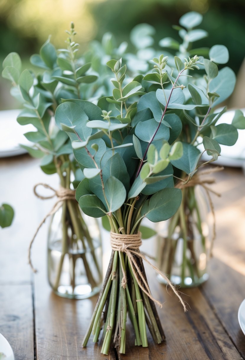 Eucalyptus sprigs tied with twine arranged on a wooden table as a wedding decoration.