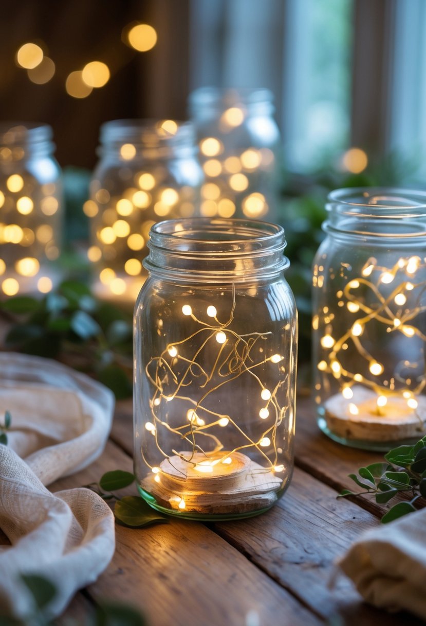 Mason jars filled with glowing fairy lights arranged on a wooden table as wedding decorations.