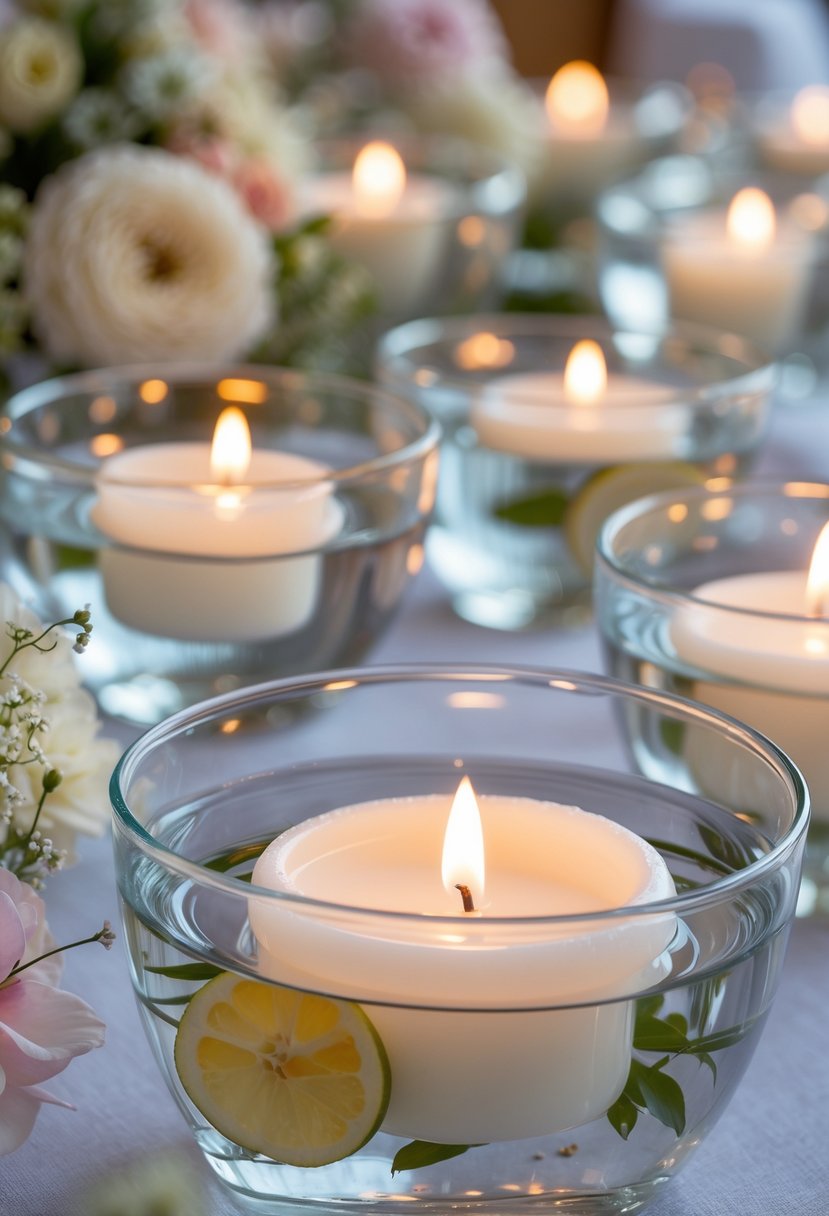 Several floating white candles lit inside glass bowls filled with water, arranged on a wedding table with pastel linens and flowers.