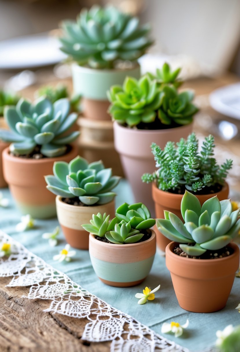 Miniature potted succulents arranged on a wooden table as wedding decorations with lace and flower petals.