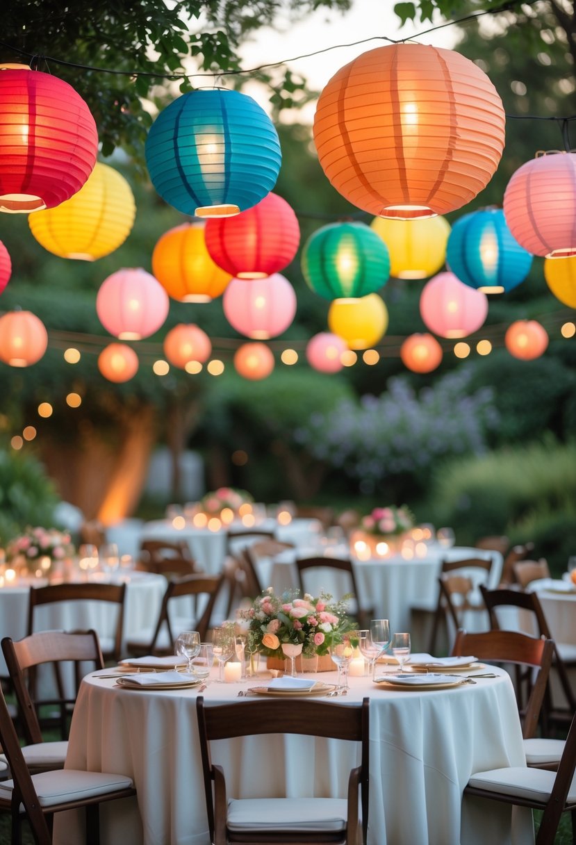 Outdoor wedding tables decorated with colorful paper lanterns hanging above them, surrounded by greenery.