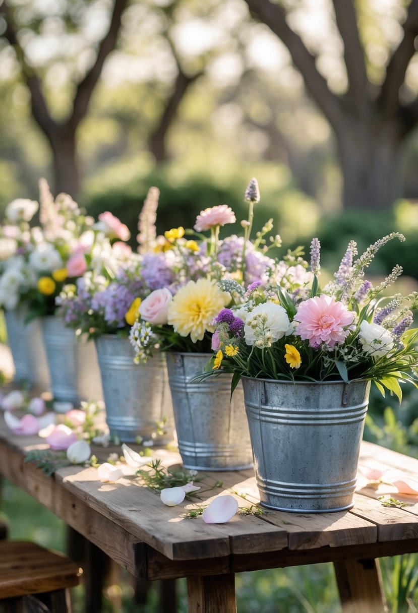 Galvanized metal buckets filled with colorful flowers arranged on a wooden table outdoors in a garden.