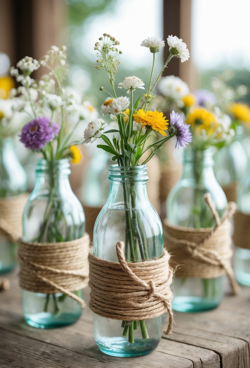 Glass bottles wrapped in twine holding wildflowers arranged on a wooden table.