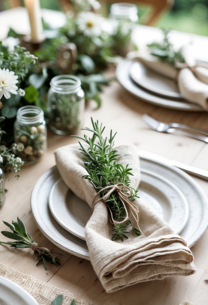 A wedding table set with natural linen napkins decorated with fresh herb sprigs on white plates and small jars of wildflowers.