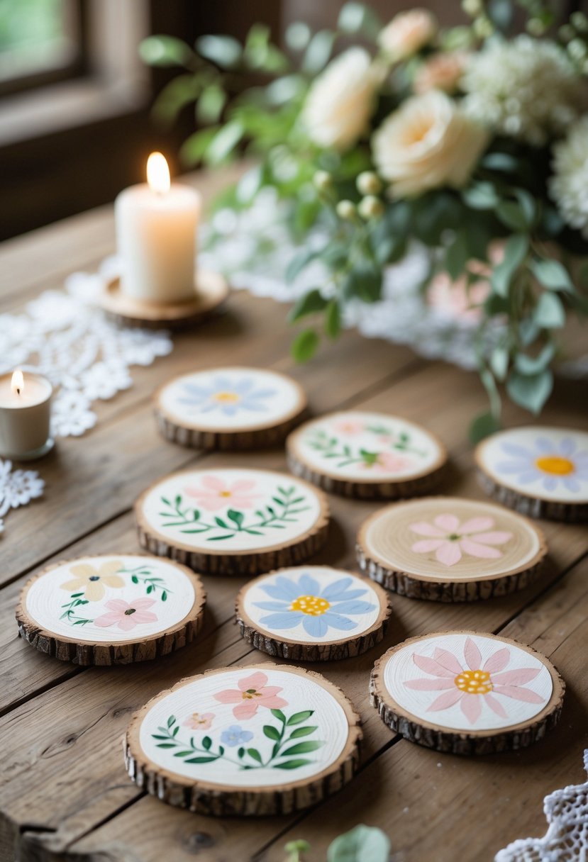 Wooden slices painted with floral designs used as coasters on a rustic table with candles and wedding decorations.