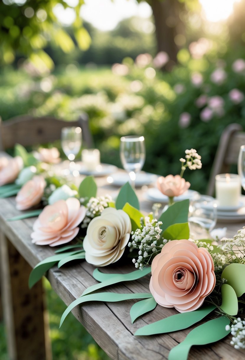 A wooden table decorated with a garland of pastel paper flowers and green leaves, set outdoors in a garden with sunlight and greenery in the background.