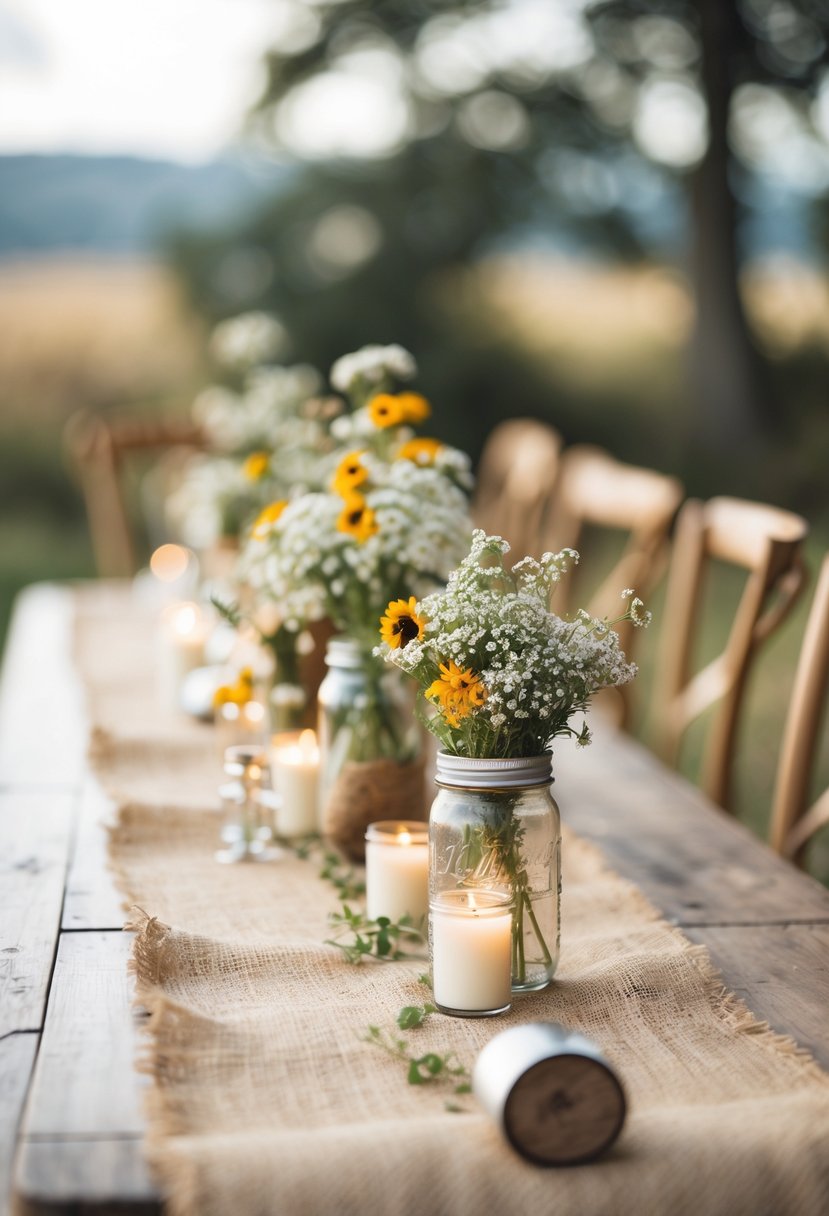 A rustic wedding table with burlap runners, mason jars with wildflowers, candles, and wooden accents arranged as decorations.