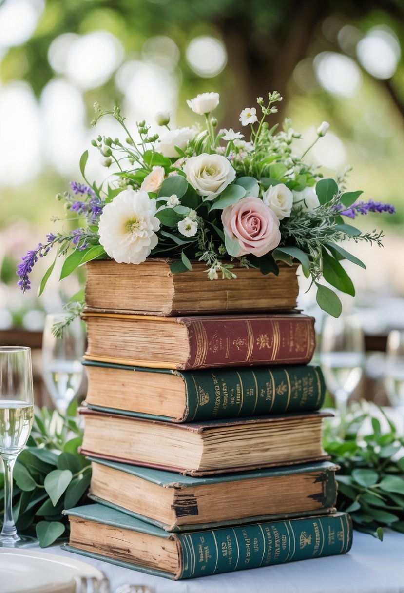 Stacked vintage books used as risers with small floral arrangements on top, set on a wedding table with a garden background.