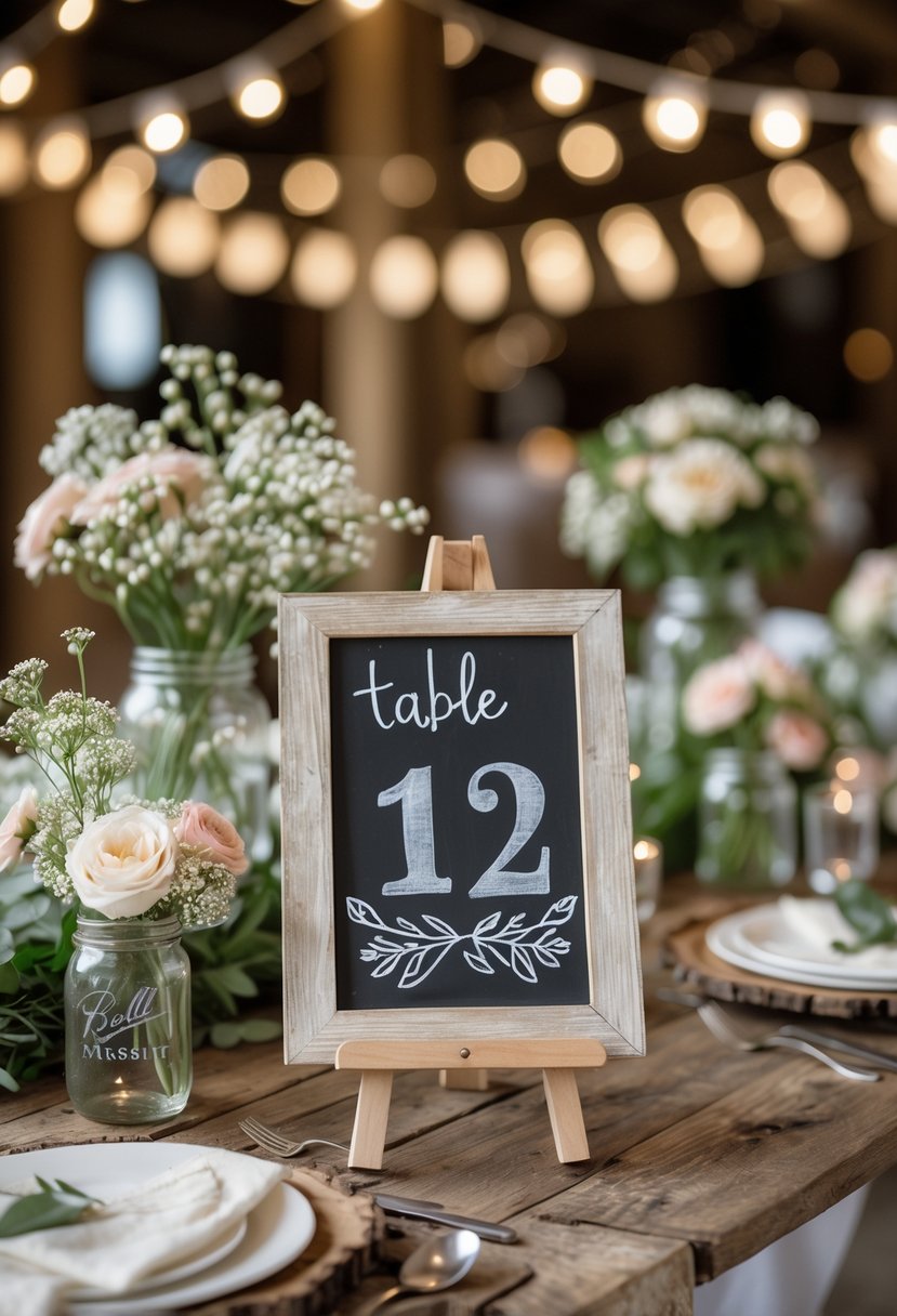 Wedding table setting with chalkboard table numbers, flowers, and rustic decorations on wooden tables.