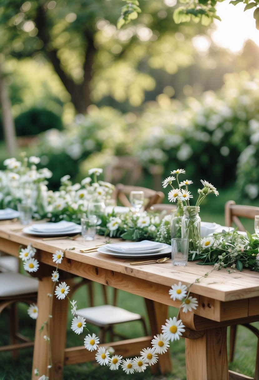 Wedding table decorated with daisy chain garlands and greenery in a garden setting.