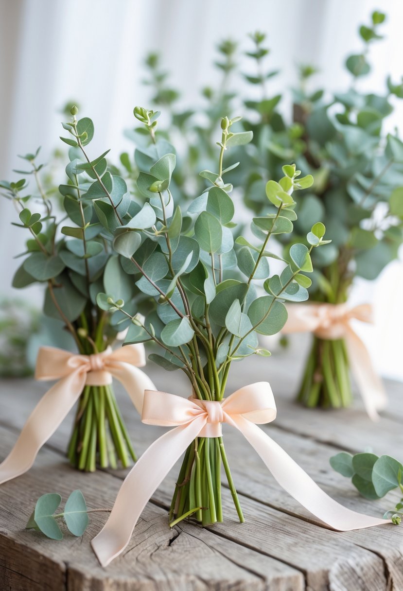 Small bundles of eucalyptus sprigs tied with ribbon placed on a wooden table.