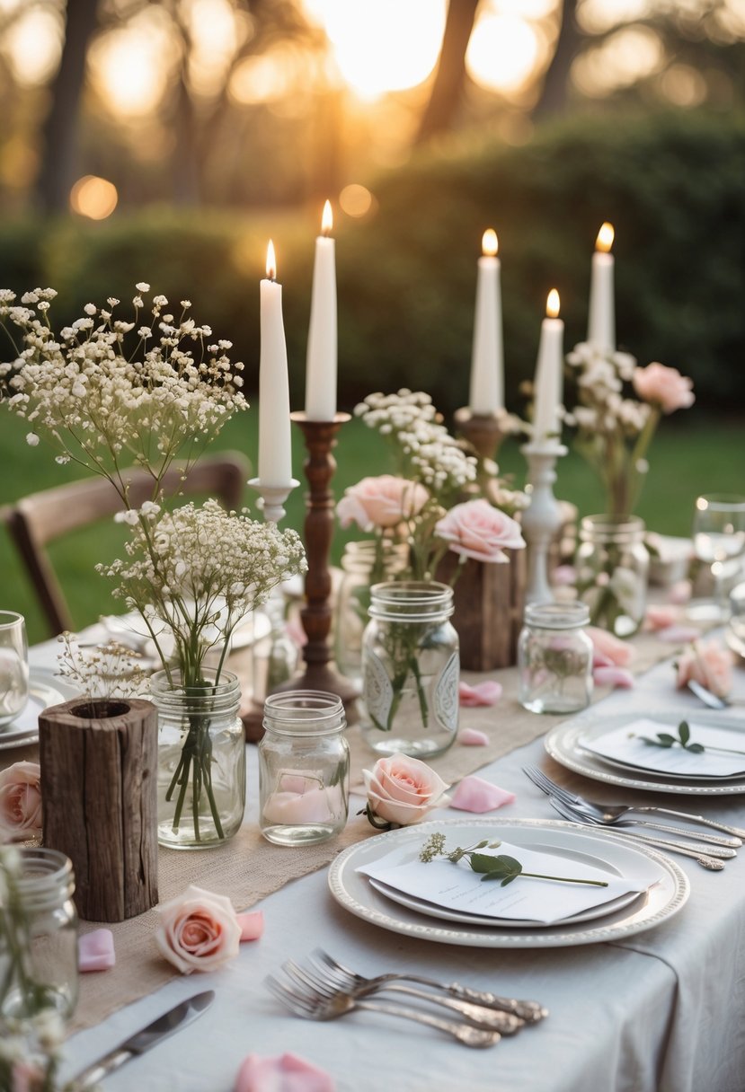A wedding table decorated with wildflowers, candles, rose petals, and vintage tableware set outdoors in a garden.