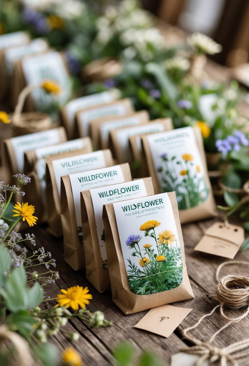 Wildflower seed packets arranged on a wooden table surrounded by wildflowers and greenery as wedding favors.