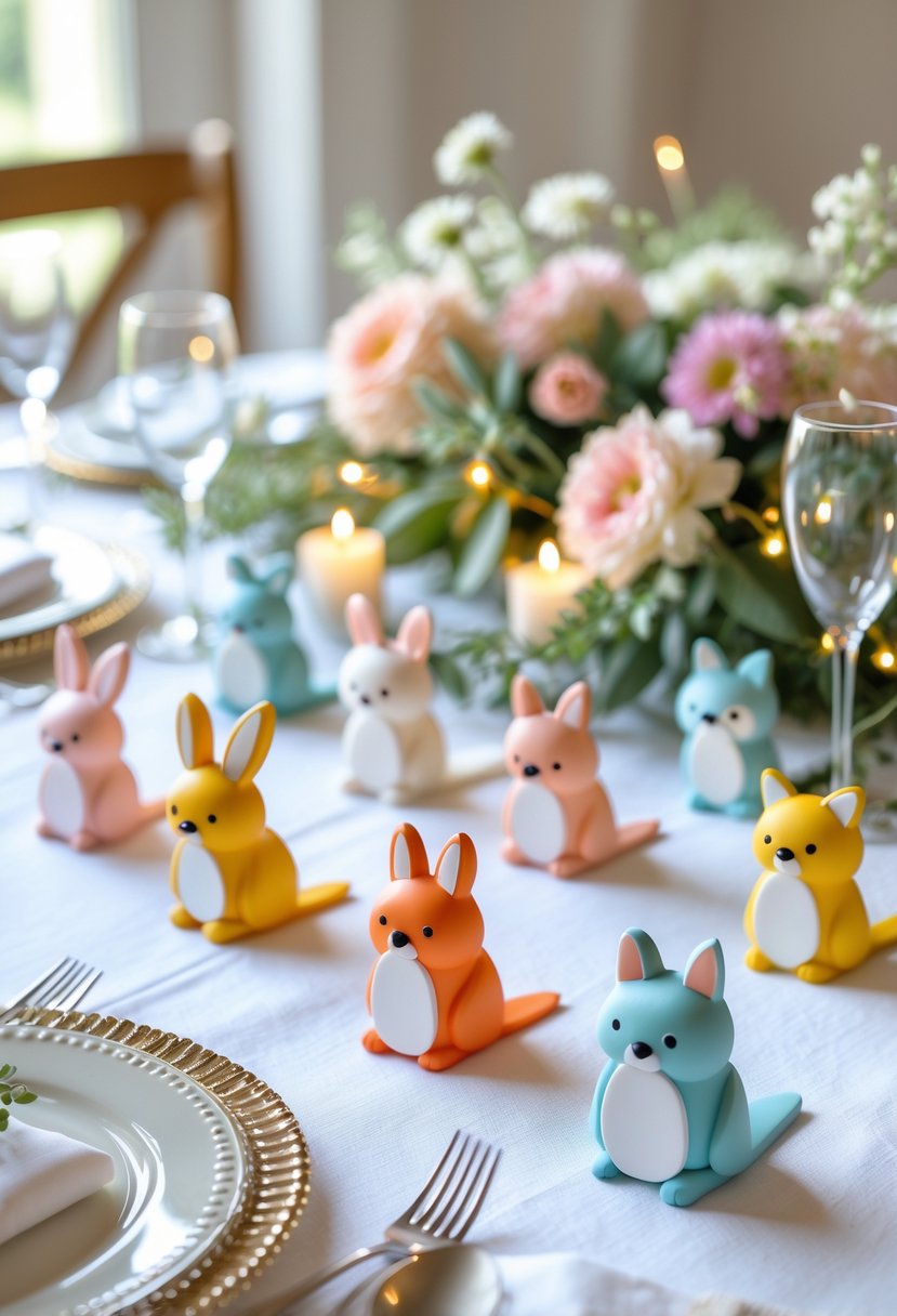 Wedding table with cute animal-shaped place card holders and floral decorations.
