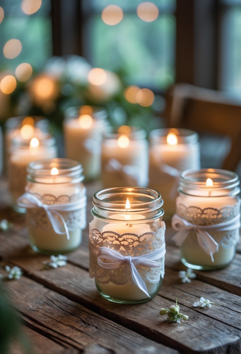 Mason jars wrapped in lace with lit candles inside on a wooden table.