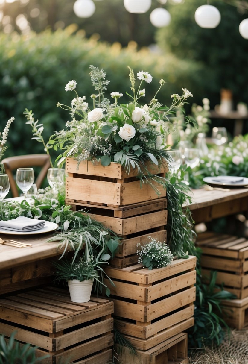 A wedding table decorated with wooden crates used as risers, surrounded by green plants and flowers in a garden setting.