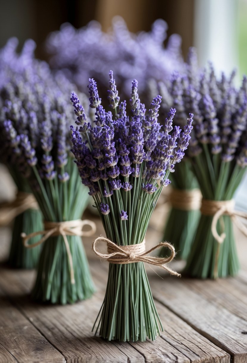 Bundles of dried lavender tied with twine arranged on a wooden table.