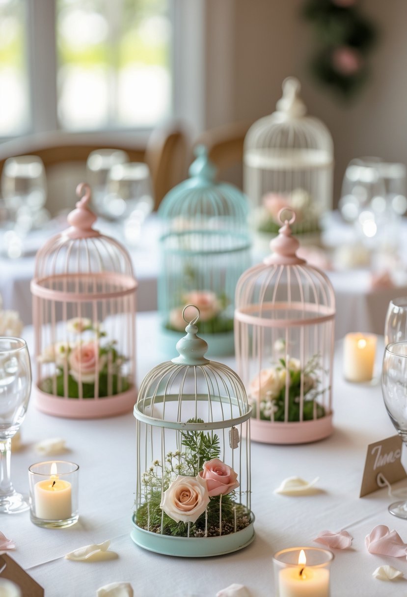 Wedding table decorated with small birdcages holding flowers as centerpieces, surrounded by candles and petals.