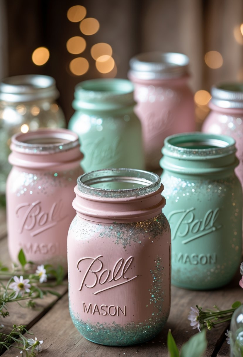 Several painted mason jars with glitter accents arranged on a wooden table with small flowers and greenery.