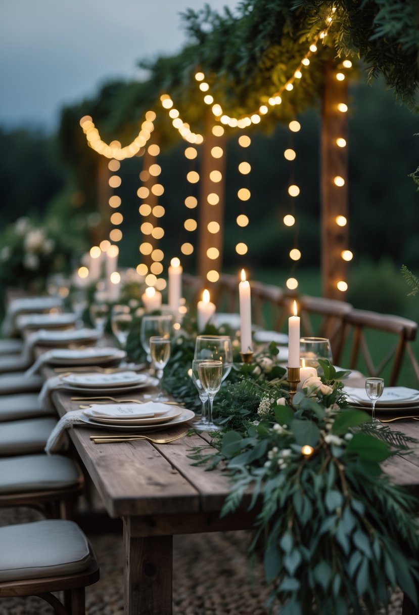 Wedding table decorated with greenery garlands and warm string lights creating a cozy atmosphere.