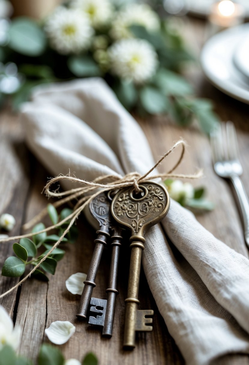 Close-up of vintage keys tied with twine to napkin rings on a wooden table with flowers and greenery around them.