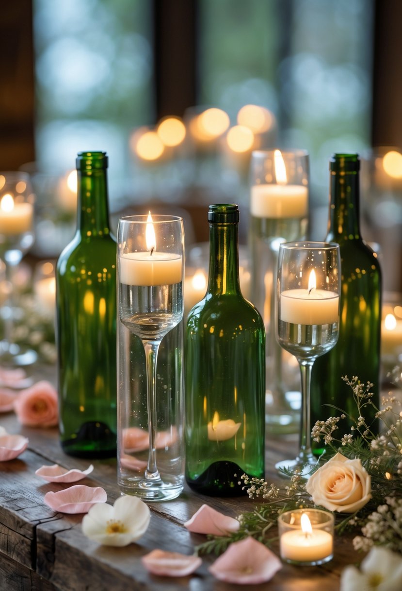 A wedding table with repurposed wine bottles holding floating lit candles surrounded by rose petals and greenery.