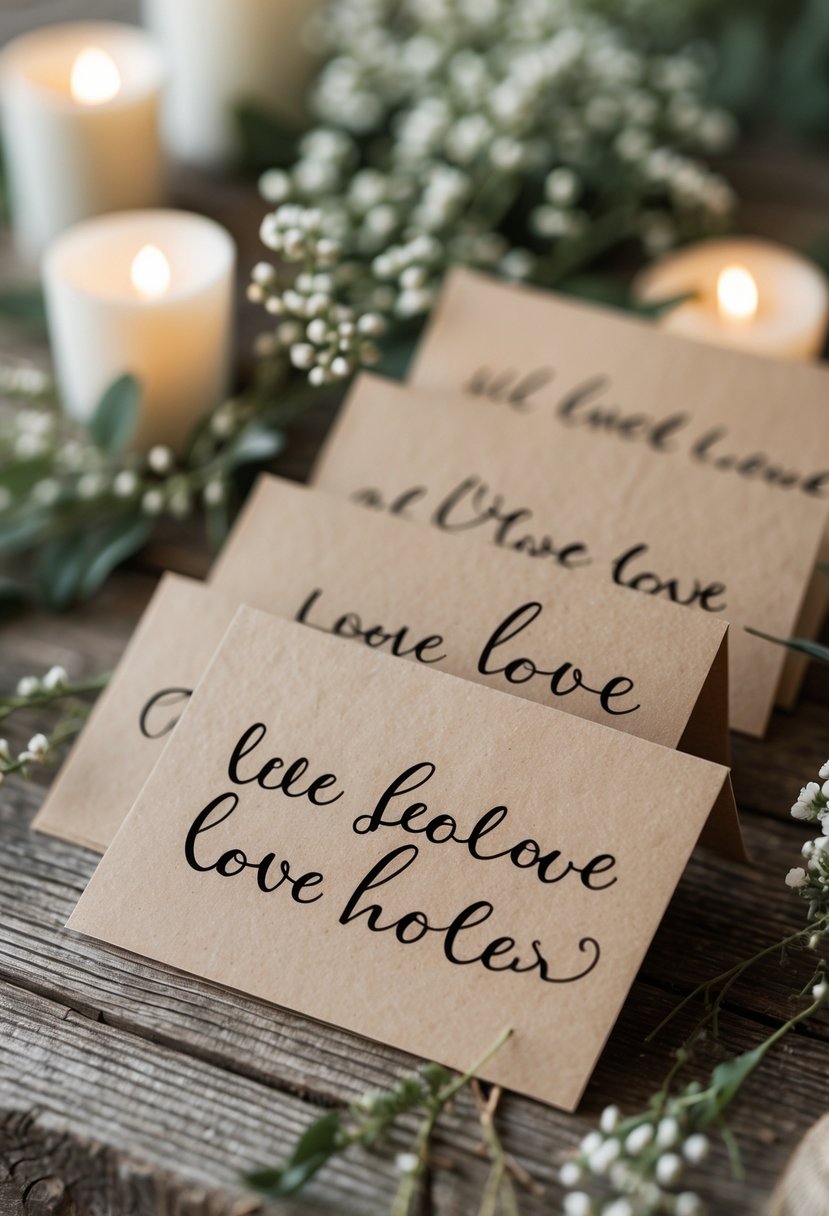Several kraft paper cards with handwritten love quotes arranged on a wooden table with small flowers and candlelight.