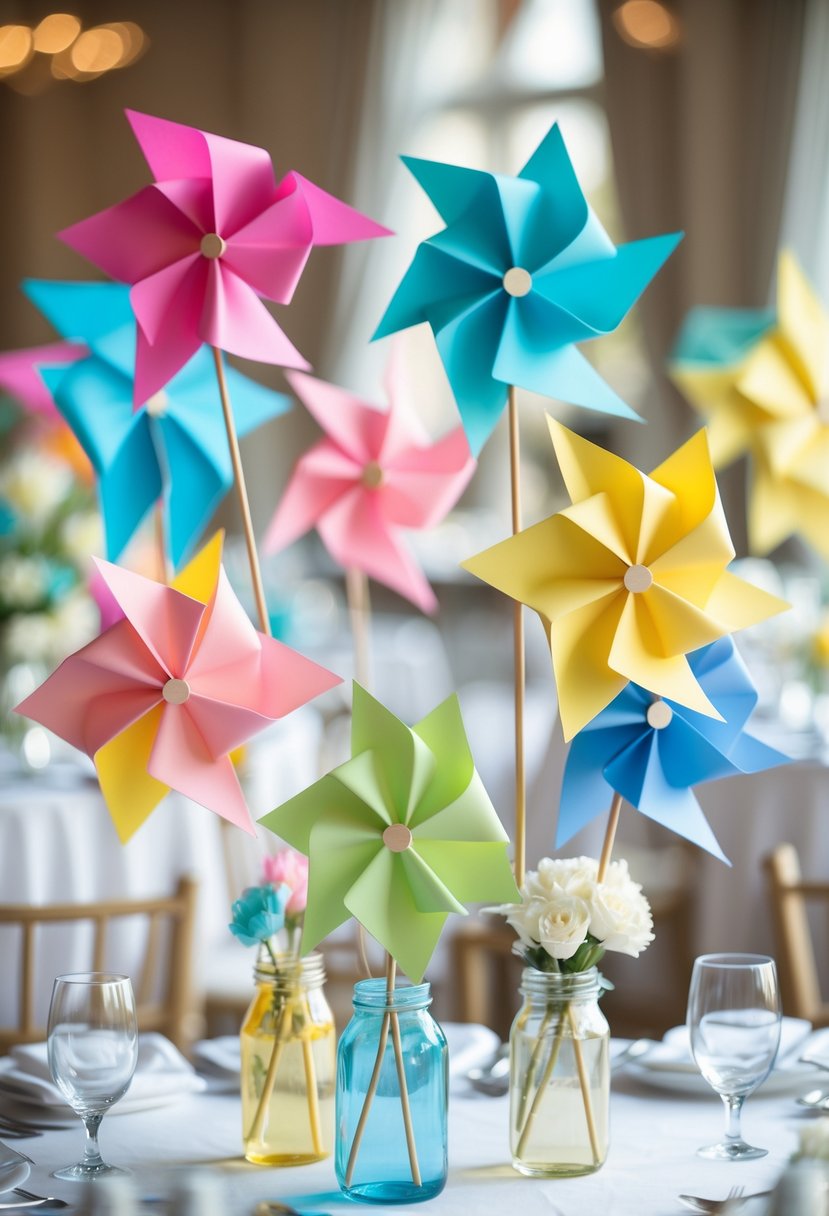 Colorful paper pinwheels arranged in jars on a wedding table with simple floral decorations.