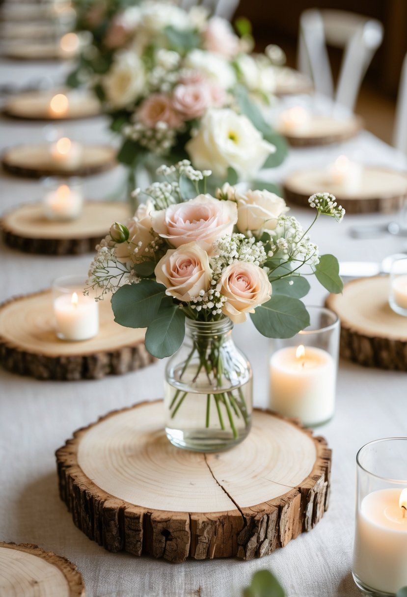 Wedding table with rustic wooden slices used as centerpiece bases, decorated with pastel flowers and candles.