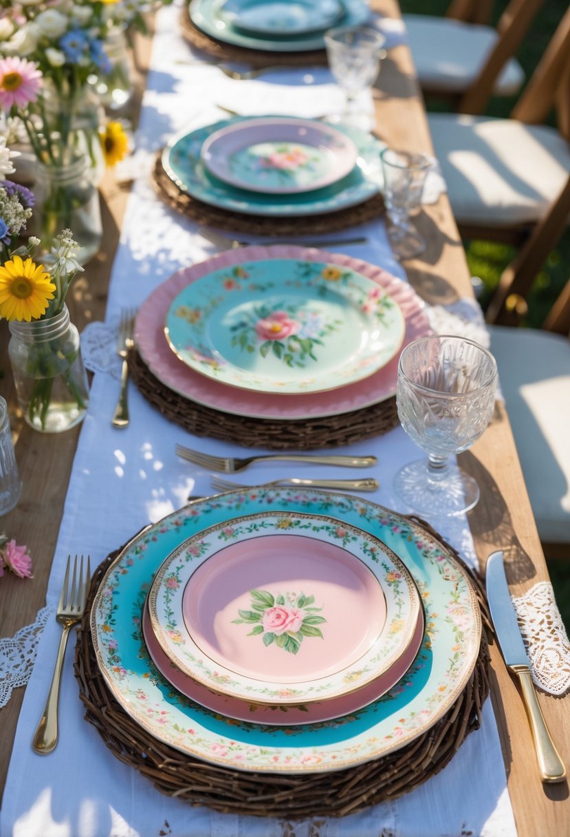 A wedding table set outdoors with colorful mismatched vintage china plates, wildflowers in jars, and simple cutlery on a white tablecloth.
