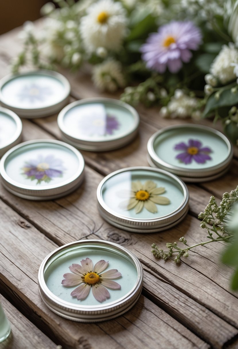 Glass jar lids decorated with pressed flowers used as coasters arranged on a wooden table with soft natural light.