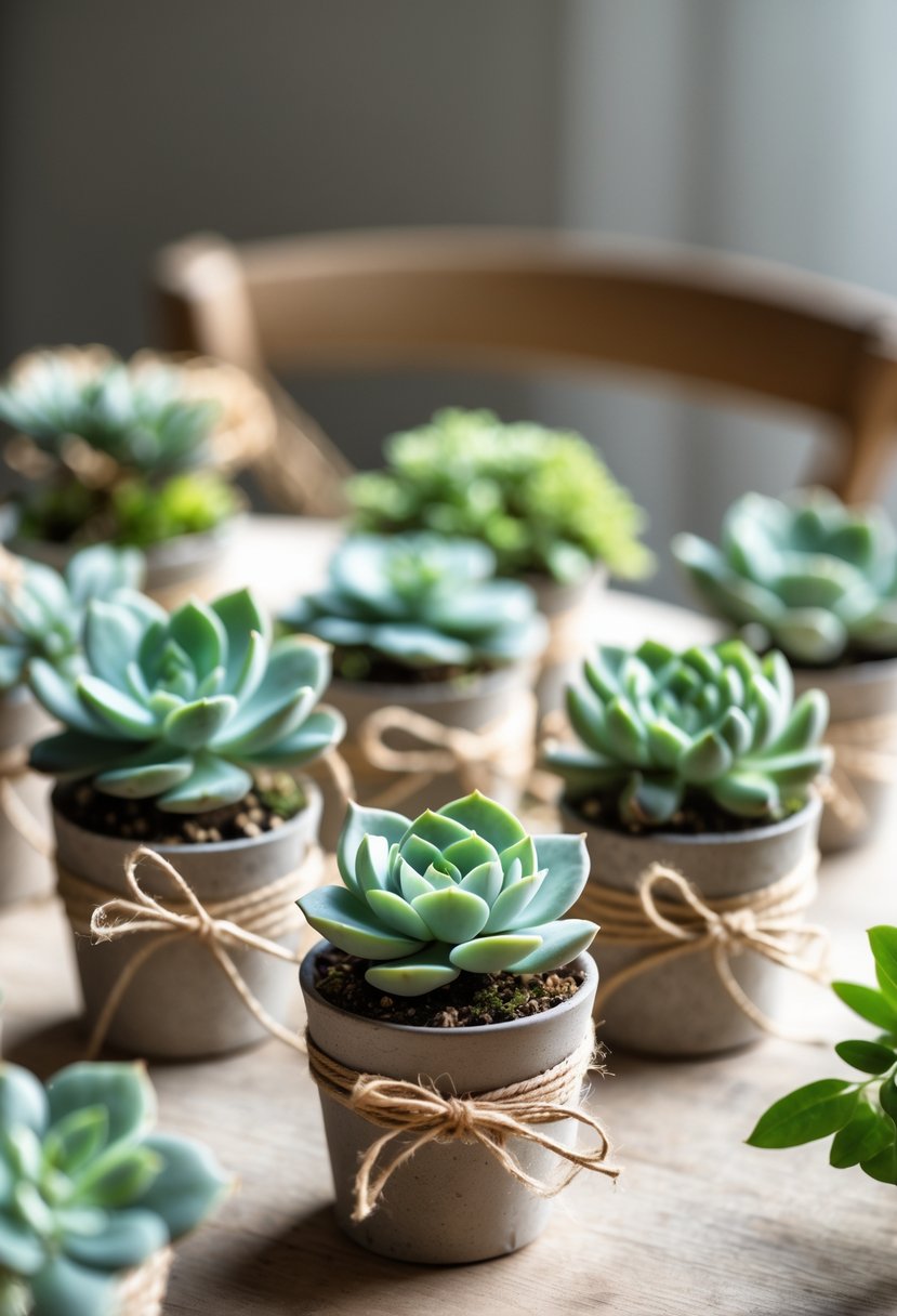 Small potted succulents with twine bows arranged on a wooden table as wedding decorations.