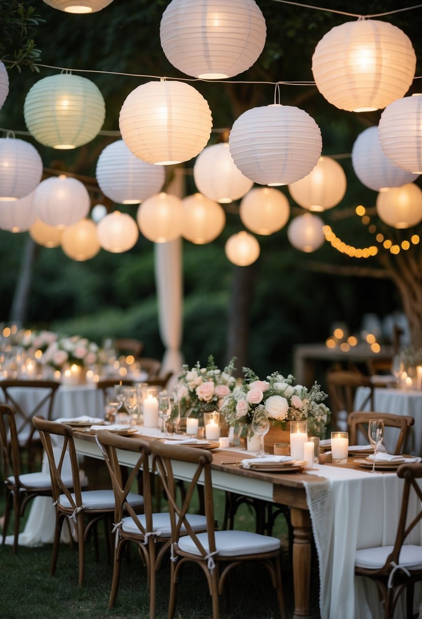 Outdoor wedding tables decorated with paper lanterns hanging above and floral centerpieces.