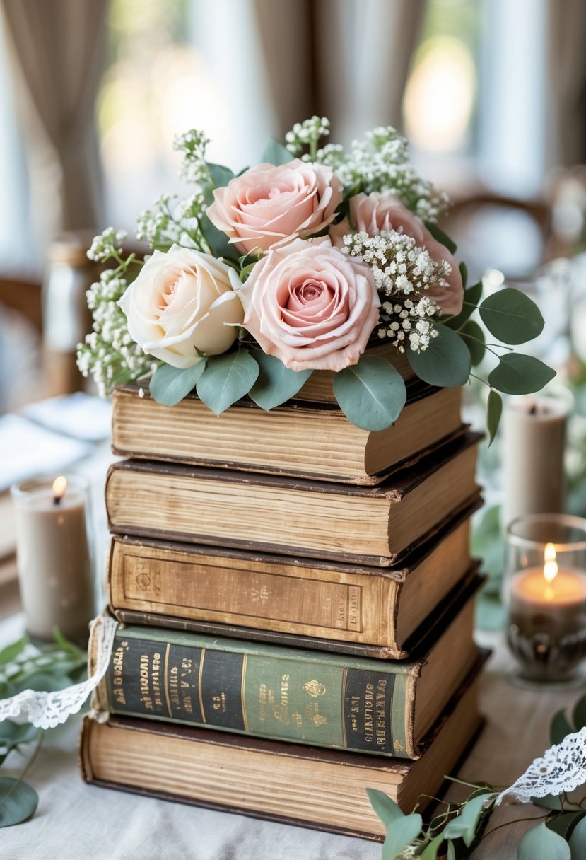 A wedding table centerpiece made of stacked old books topped with pastel flower arrangements and small candles.