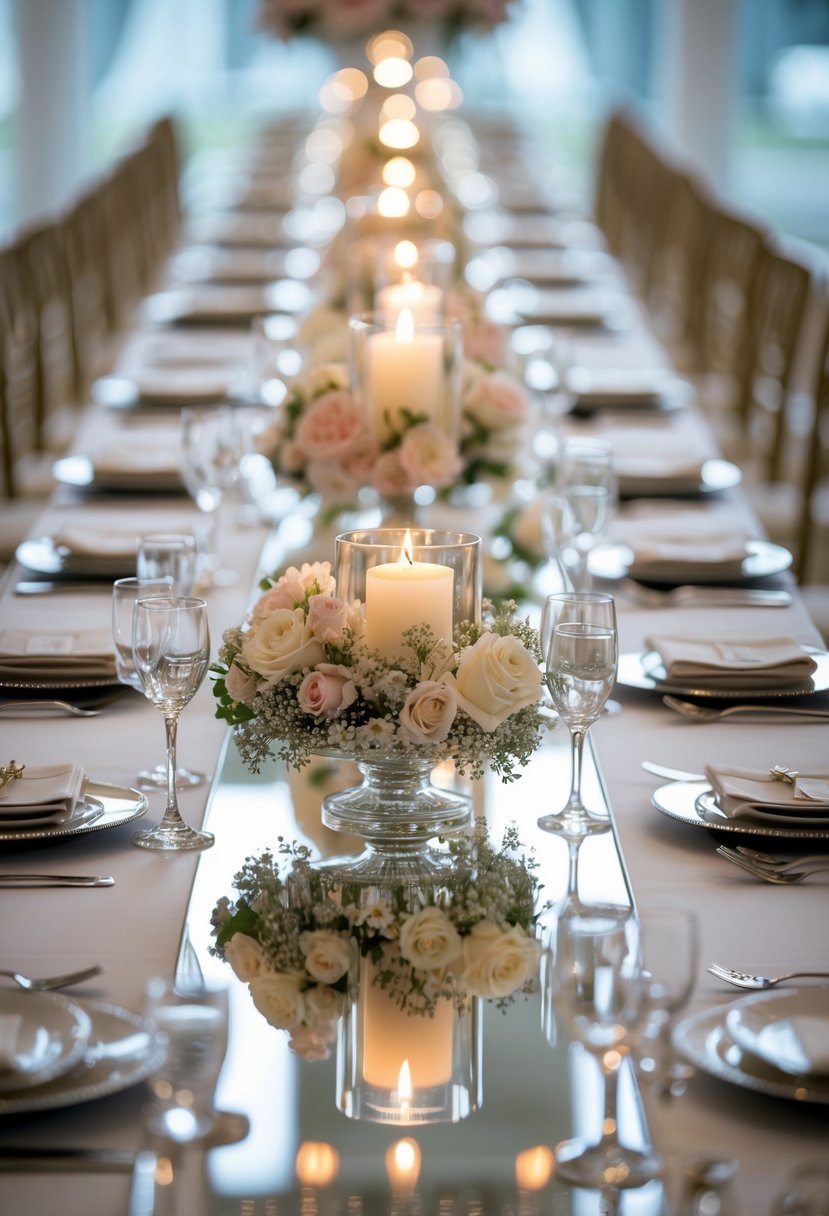 A wedding table decorated with mirrored table runners, floral arrangements, and candles.