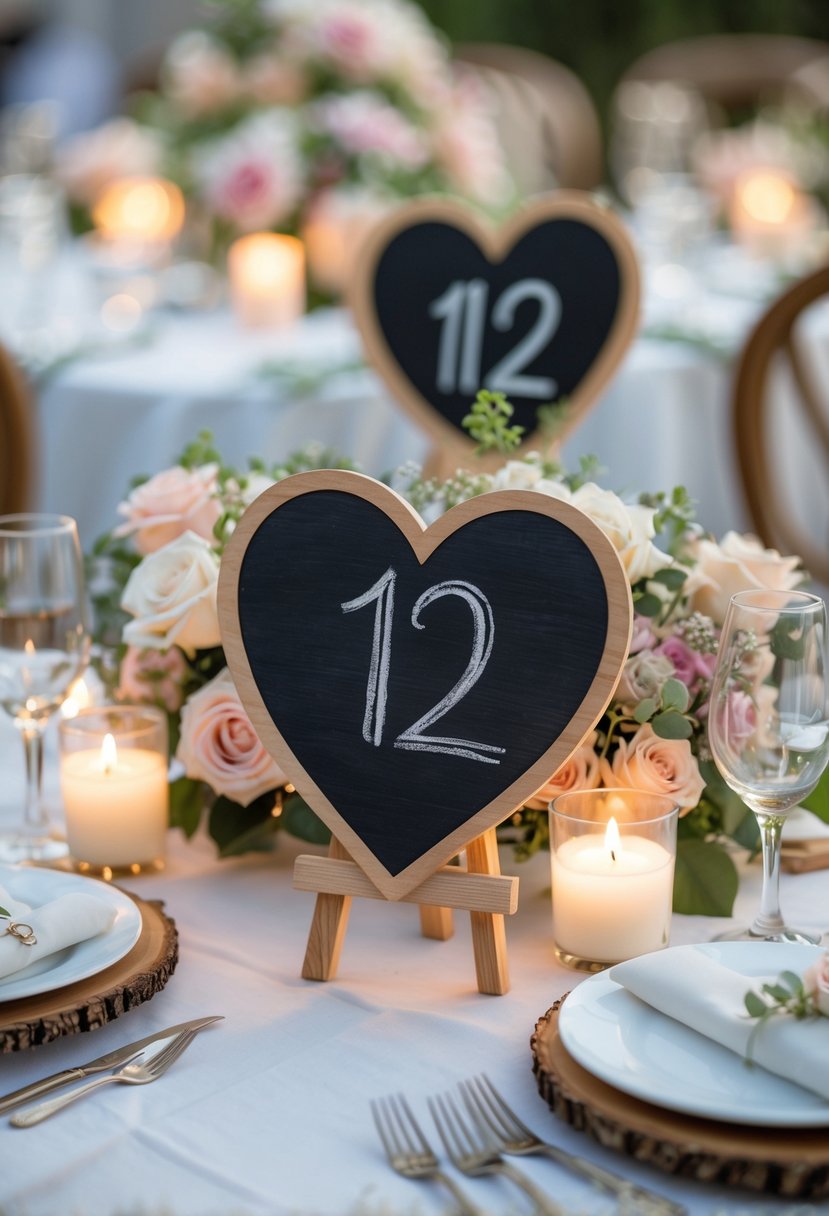 A wedding table decorated with heart-shaped chalkboard table numbers, flowers, candles, and wooden chairs.