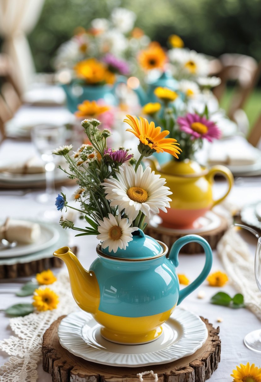 A wedding table with colorful vintage teapots holding fresh flowers as centerpieces.