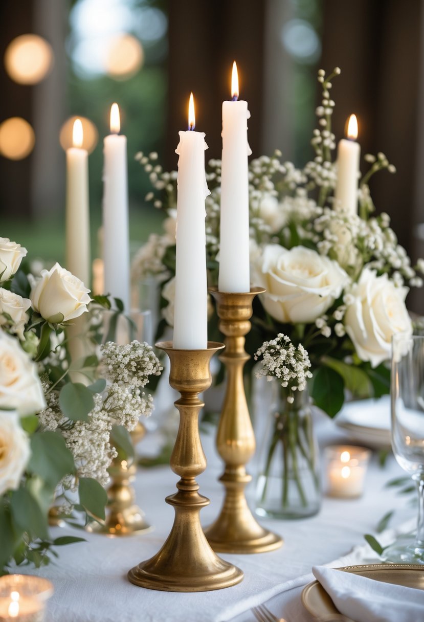 A wedding table set with vintage brass candle holders holding lit white candles, surrounded by white flowers and greenery on a white tablecloth.
