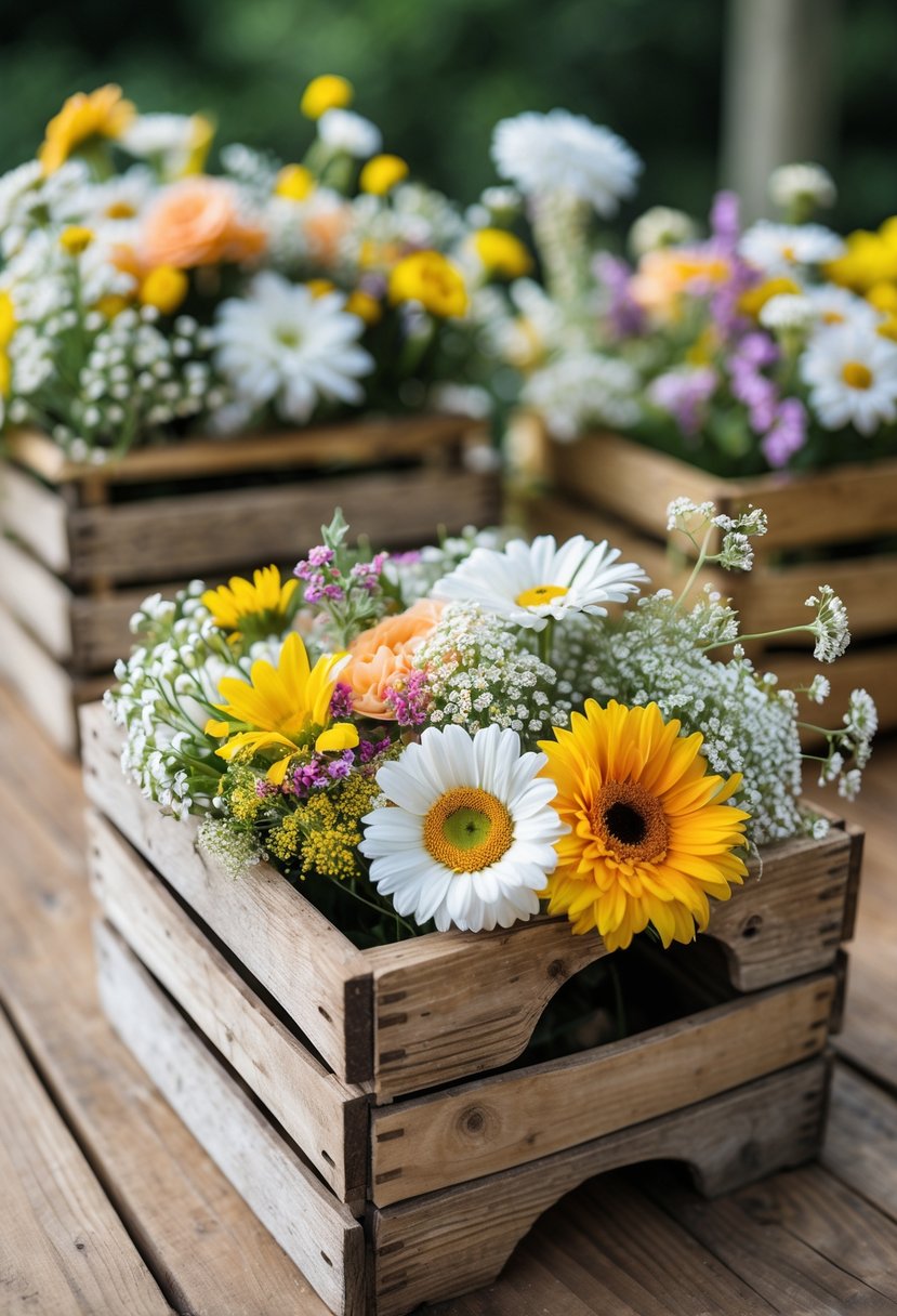Wooden crates filled with colorful fresh flowers arranged on a table.