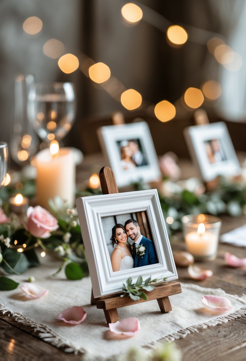 Wedding table with small photo frame place cards displaying couples' pictures surrounded by rose petals, candles, and greenery.