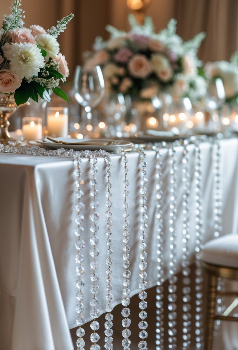 A wedding table decorated with sparkling crystal bead garlands, pastel flowers, and elegant tableware.